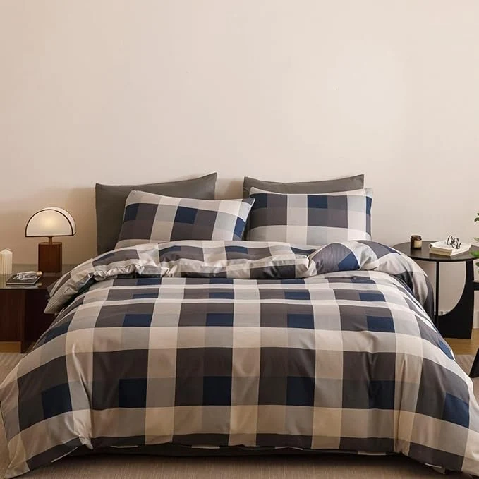 Traditional CLOTHKNOW Blue Plaid Queen Comforter Set Gingham Buffalo Bedding Comforter Sets Geometric Comforter Queen Sets with 2 x Pillow Cases Sustainable
