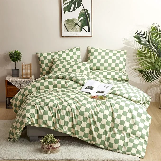 Detailed CLOTHKNOW Green White Grid Full Size Comforter Sets Plaid Bedding Comforter Sets Soft Checker Geometric Comforter with 2 x Pillow Cases Eco-Friendly