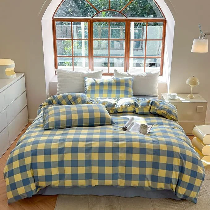 Superior FACE TWO FACE Bedding Duvet Cover Set Washed Cotton Duvet Cover Linen Like Textured Breathable Durable Soft Comfy California King Blue Yellow Grid Practical