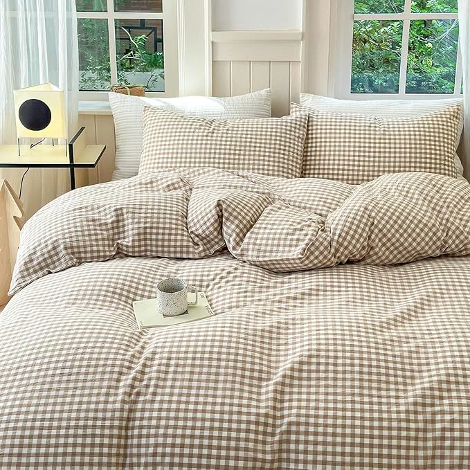 Environmentally Friendly LifeTB Tan Gingham Duvet Cover California King Washed Cotton Grid Bedding Set Beige Plaid Checked Duvet Cover 3 Pieces Vintage Grid Checkered Comforter Cover Soft Breathable Gingham Bedding Set Pure