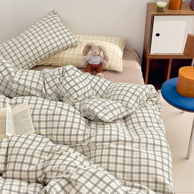 Carefully Designed Vintage Grey Plaid Duvet Cover Queen Cotton Muslin Gingham Duvet Cover Grey Green Plaid Checkered Grid Bedding Set Breathable Linen Like Gauze Comforter Cover Farmhouse Gingham Bedding Set Durable