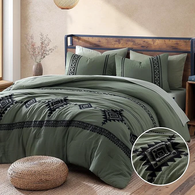 High-Quality MaiRêve Embroidery Oversized King Size Comforter Set Olive Green Boho Farmhouse Western Bedding Set 7 Pieces All Season Bed in A Bag Comforter Set with Sheets Pillowcases amp Shams Fine
