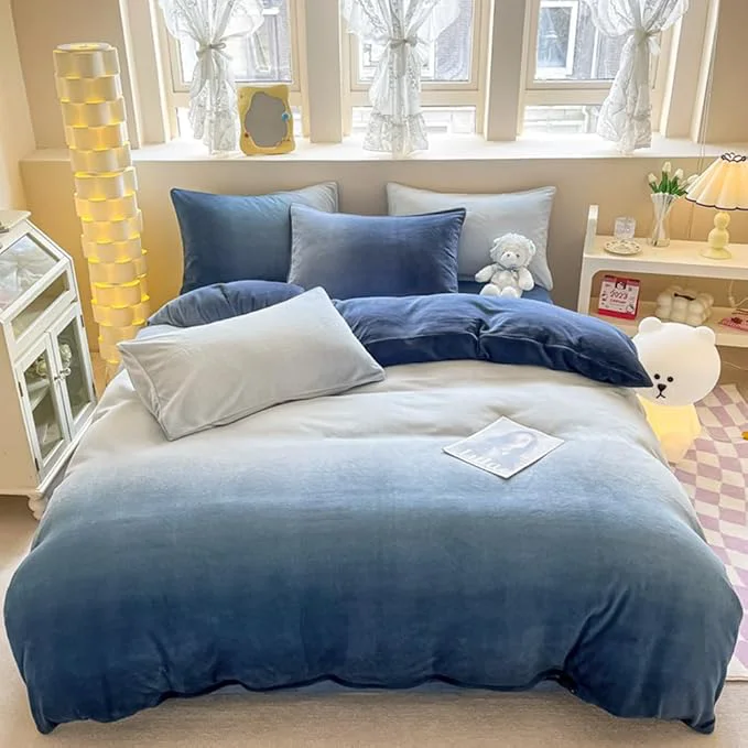 Traditional CLOTHKNOW Blue and White Velvet Full Size Comforter Sets 3Pcs Fluffy Bedding Comforter Sets Soft Dark Blue Comforter with 2 x Pillowcases Responsible
