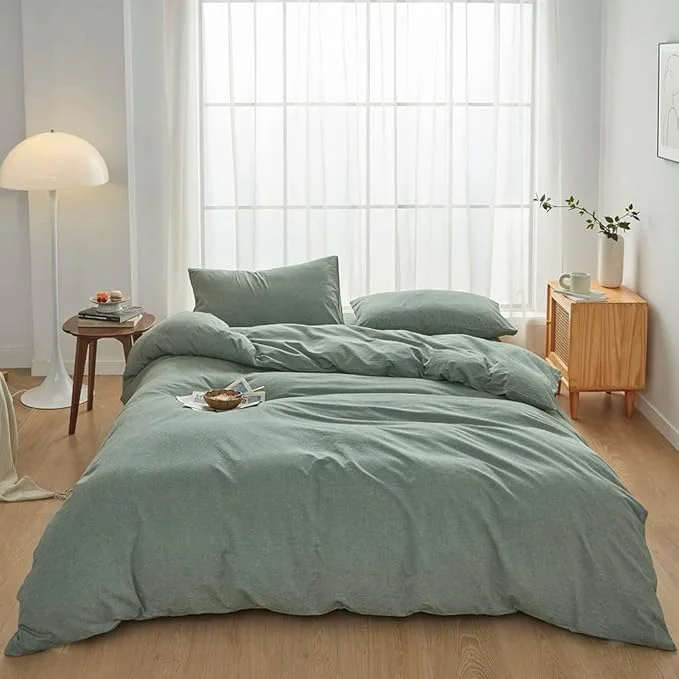 Expertly Made FACE TWO FACE Bedding Duvet Cover Set Washed Cotton Duvet Cover Linen Like Textured Breathable Durable Soft Comfy King Reversible Green Sophisticated