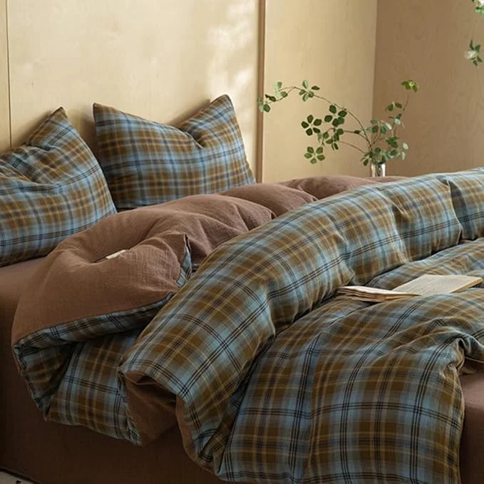Fashionable Vintage Blue amp Brown Plaid Duvet Cover Queen Cotton Muslin Duvet Cover Retro Plaid Gingham Checkered Comforter Cover with 2 Pillowcases Breathable Linen Like Gauze Farmhouse Grid Bedding Set Top-Quality