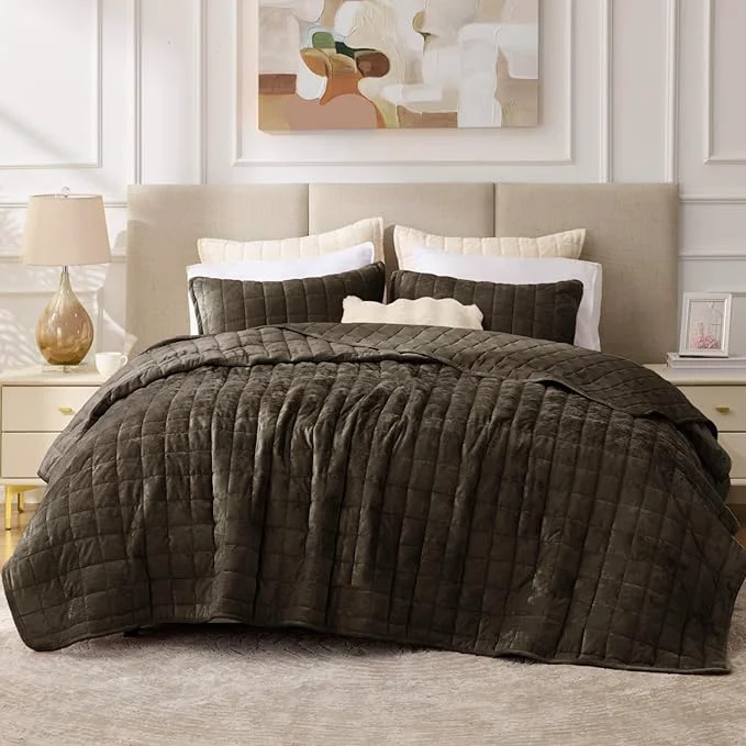 Fine Crafted BEDELITE Velvet Quilt Set Queen Size – Luxury Velvet Comforter Bedding Set 3 Pieces Lightweight Soft Cozy Mocha Brown Oversized Bedspread Coverlet for All Seasons with 2 Pillow Shams Sophisticated