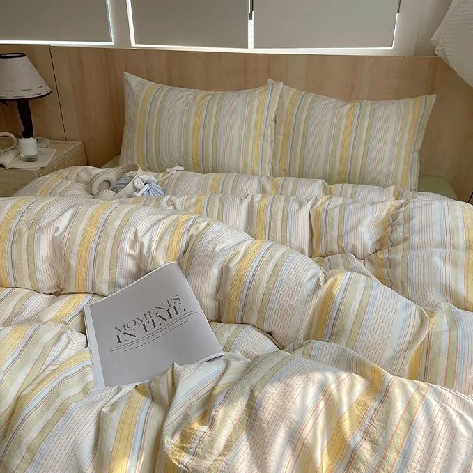 World-Class Yellow Striped Duvet Cover Twin XL Washed Cotton Multicolor Stripes Pattern Printed Comforter Cover 3 Pieces Breathable Duvet Cover with 2 Pillowcases Soft Farmhouse Striped Bedding Set Optimized