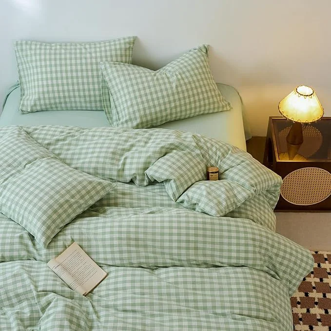 Solid LifeTB Green Gingham Duvet Cover Grid Bedding Set Washed Cotton Vintage Plaid Checkered Comforter Cover Green Grid Duvet Cover Breathable Soft Gingham Comforter Cover for Men Women