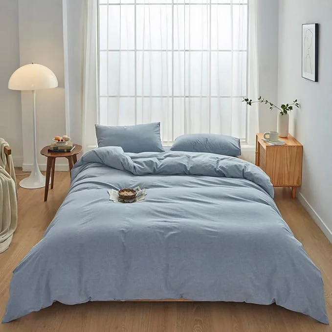 Superior FACE TWO FACE Bedding Duvet Cover Set Washed Cotton Duvet Cover Linen Like Textured Breathable Durable Soft Comfy California King Cornflower Blue Organic