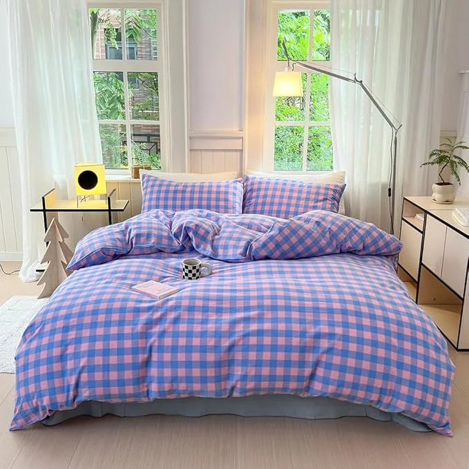 Relaxed FACE TWO FACE Bedding Duvet Cover Set Washed Cotton Duvet Cover Linen Like Textured Breathable Durable Soft Comfy Twin Blue Purple Grid Advanced