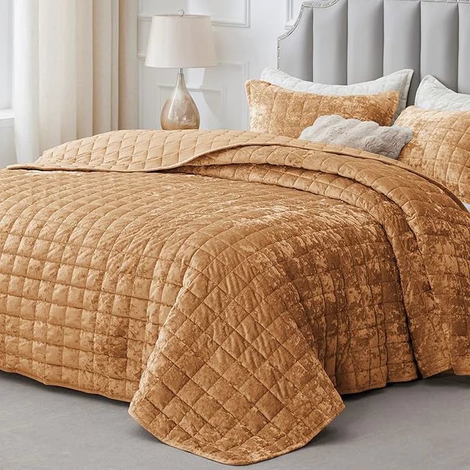 Genuine BEDELITE Velvet Quilt Set Queen Size – Luxury Velvet Comforter Bedding Set 3 Pieces Lightweight Soft Cozy Shiny Rusty Burnt Orange Oversized Bedspread Coverlet for All Seasons with 2 Pillow Shams Secure