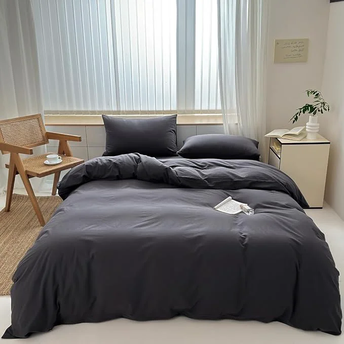 Responsible FACE TWO FACE Bedding Duvet Cover Set Washed Cotton Duvet Cover Linen Like Textured Breathable Durable Soft Comfy King Volcanic Black Sophisticated