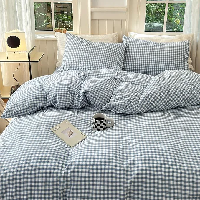 Enhanced LifeTB Blue Gingham Duvet Cover Twin XL 3 Pieces Blue Grid Comforter Cover Washed Cotton Plaid Duvet Cover with Zipper Closure Luxury Soft Gingham Plaid Bedding Cover with 2 Pillowcases Classic