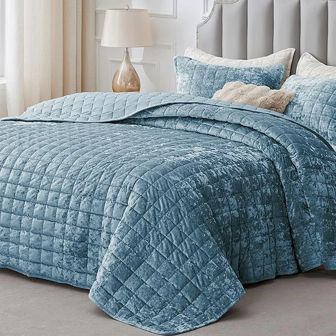 Durable BEDELITE Velvet Quilt Set King Size – Luxury Velvet Comforter Bedding Set 3 Pieces Lightweight Soft Cozy Shiny Dusty Blue Oversized Bedspread Coverlet for All Seasons with 2 Pillow Shams Crafted