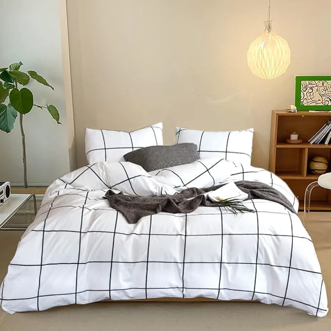 Artisan CLOTHKNOW White Plaid Full Size Comforter Set 3Pcs Grid Bedding Comforter Sets Soft Checker White Black Comforter with 2 x Pillow Cases Superior