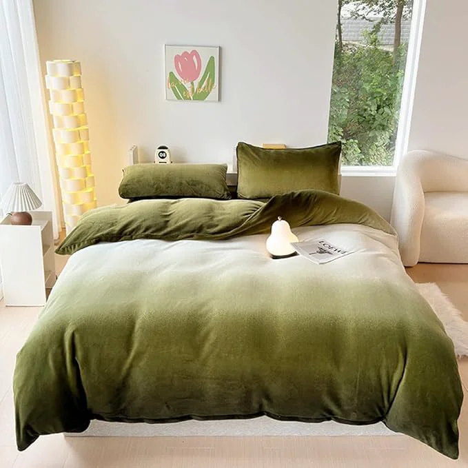 Easy-to-Use CLOTHKNOW Green White Queen Comforter Sets Velvet Bedding Comforter Sets Olive Green Comforter Soft Comforter Queen with 2 x Pillow Cases Healthy