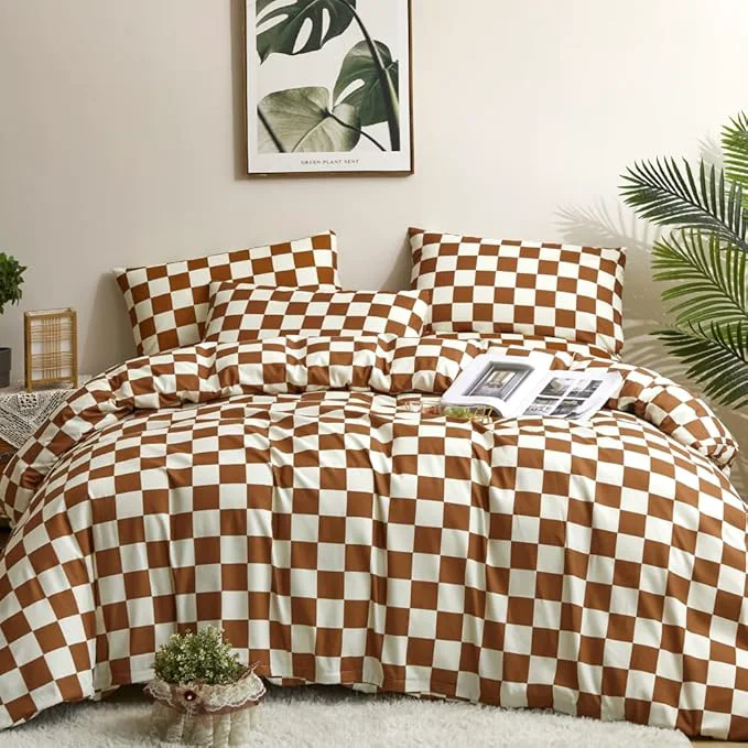 Classic CLOTHKNOW Brown Plaid California King Comforter Set 3Pcs Grid Bedding Comforter Sets Soft Checker Caramel Comforter with 2 x Pillow Cases Trusted