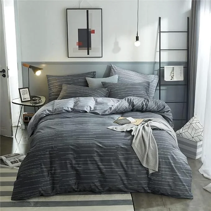 Convenient LifeTB Cotton Striped Duvet Cover Set Full Size Geometric Grey Stripes Pattern Printed Bedding Set Modern Style Striped Comforter Cover for Men Boys Teens 1 Full Duvet Cover with 2 Pillowcases Easy-to-Use