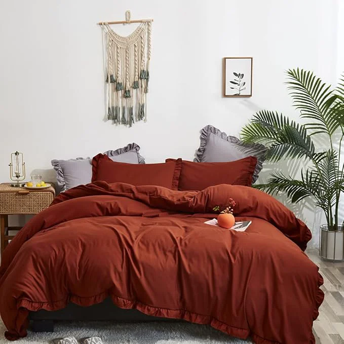 Authentic CLOTHKNOW Terracotta Ruffles California King Comforter Set 3Pcs Rust Farmhouse Bedding Comforter Sets Burnt Orange Comforter Soft Shabby Chic Comforter Vintage Rustic Bedding Sets Functional