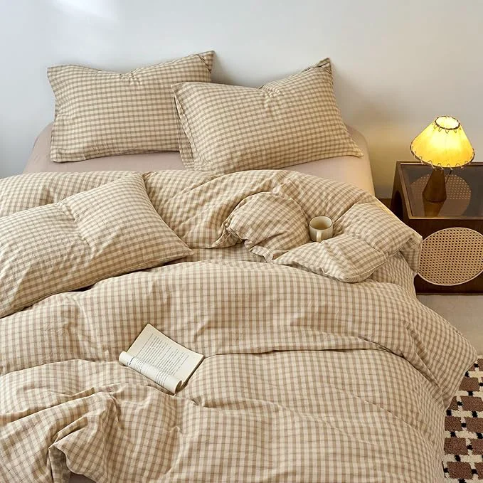Modern LifeTB Brown Gingham Duvet Cover Twin XL Soft Washed Cotton Grid Duvet Cover Vintage Beige Tan Plaid Checkered Comforter Cover Breathable Farmhouse Gingham Dorm Bedding Set Twin XL Detailed