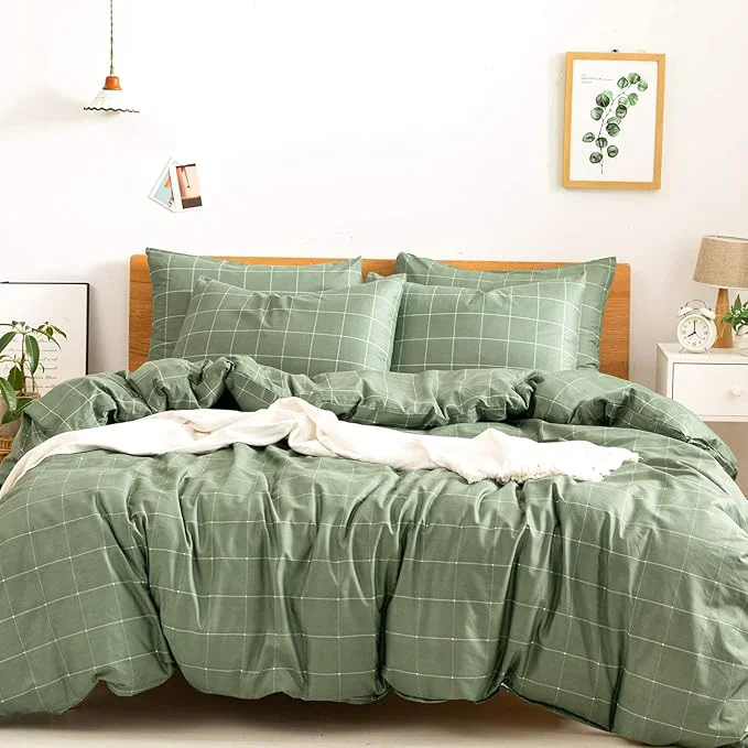 Elite JELLYMONI Natural Cotton 2pcs Plaid Duvet Cover Sets Green with White Grid Geometric Pattern Printed Comforter Cover with Zipper Closure amp Corner Ties Twin Size Unique