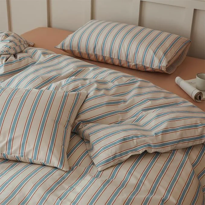Certified LifeTB Striped Duvet Cover Set Queen 3 Pieces Blue Brown Stripes Pattern Printed Bedding Set Cotton Retro Striped Comforter Cover Comfy Soft Breathable Duvet Cover with 2 Pillowcases Classic