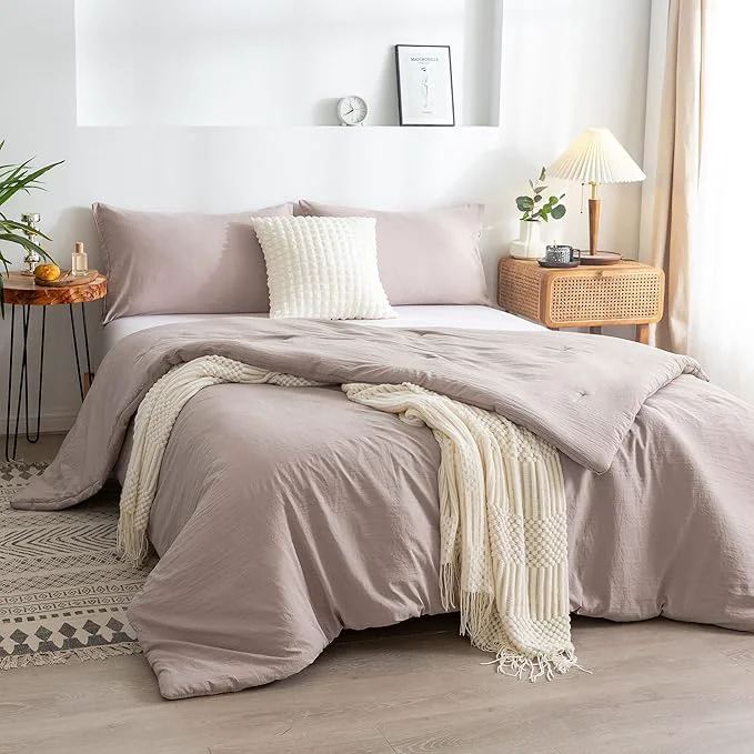 Solid COTTEBED Ultra-Soft Queen Bedding Comforter Sets Bed All Seasons Use Light Weight with Warm Fluffy Washable Cotton Microfiber 1 Bed Down Comforter amp 2 Pillow Sham Queen Full Beige Brown Practical