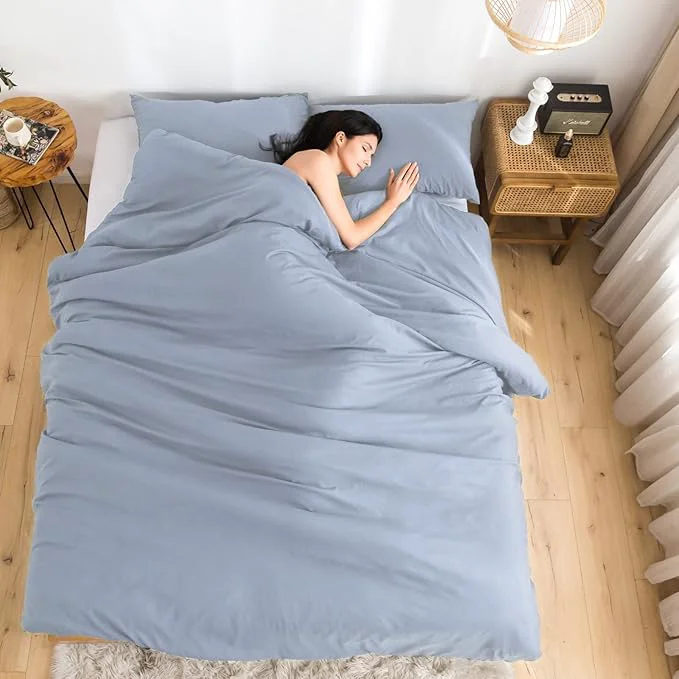 Traditional COTTEBED Solid Comforter Queen Set for Mens Women – Soft Thin Washed Cotton Ligtht Weight Full Sized Bedding Down Comforters Sets with 2 Pillow Shams Light Dusty Blue Queen Full Versatile