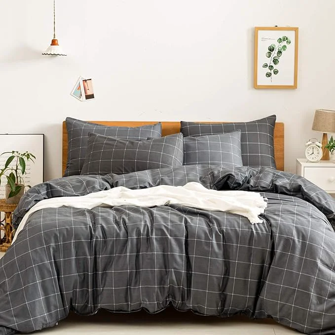 Premium Material JELLYMONI Natural Cotton 3pcs Plaid Duvet Cover Sets Black with White Grid Geometric Pattern Printed Comforter Cover with Zipper Closure amp Corner Ties Full Size Genuine
