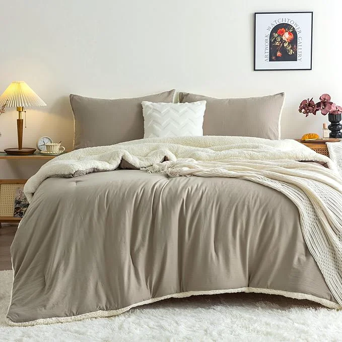 Elite COTTEBED Fluffy Sherpa Warm Winter Comforter King Size Bed Reversible Plush Fleece Sherpa California King Down Comforter Sets Pillow Sham Cozy Ultra-Soft Thick Washed Cotton Bedding Set Beige White Minimalist