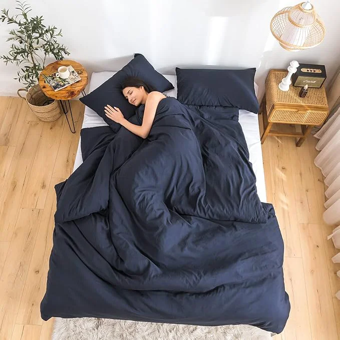 Organic COTTEBED Dark Blue Queen Comforter Set with 2 Pillowshams Ultra-Soft Bedding Comforter Sets for Full Bed Fluffy Washed Cotton Microfiber Down All Seasons Use Dark Navy Blue Full Queen Clean