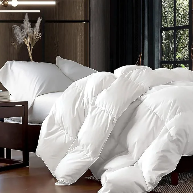 Flexible Luxurious Oversized Super King 120 quot x 120 quot Size Goose Down Fiber Waterfowl Feather Fiber Comforter Duvet Egyptian Cotton Cover 90 oz. Fill Weight Baffle Box Design White Solid World-Class
