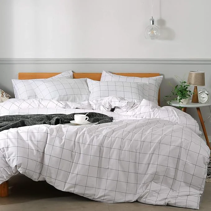 Practical JELLYMONI Natural Cotton 3pcs Plaid Duvet Cover Sets White with Black Grid Geometric Pattern Printed Comforter Cover with Zipper Closure amp Corner Ties Full Size Classic