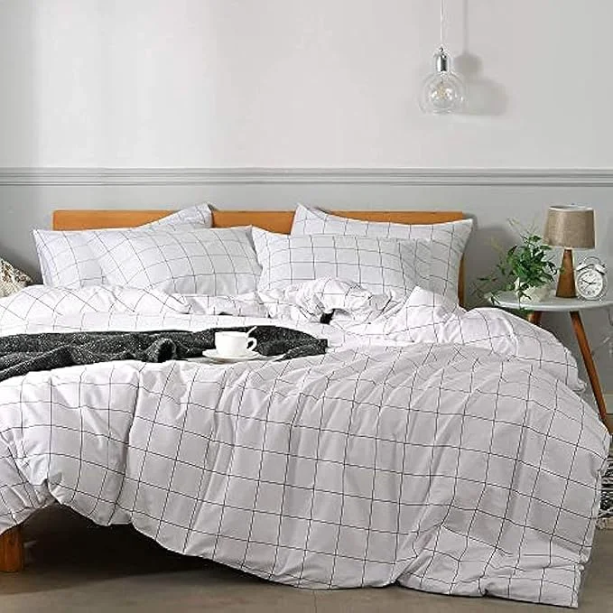 Versatile JELLYMONI Natural Cotton 2pcs Plaid Duvet Cover Sets White with Black Grid Geometric Pattern Printed Comforter Cover with Zipper Closure amp Corner Ties Twin 66×92 Advanced