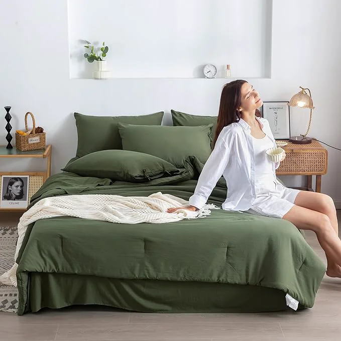 Genuine COTTEBED Ultra-Soft TWIN XL Comforter Set with Sheets – 5 Piece Bed in a Bag Blanket Comforter Fitted Sheet Set Lightweight Boho Polycotton for Teen Boy Girls College Dorm All Season Dark Olive Green Innovative