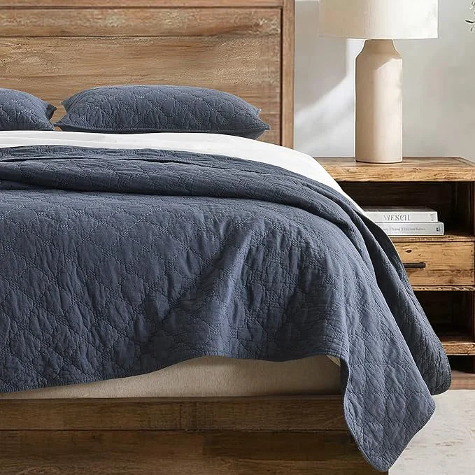 Reliable HORIMOTE HOME 55 Linen Front Cotton Back Quilt Set Queen Size Steel Blue Pre-Washed Cotton Linen Quilt Set Geometric Stitched Pattern Bedspread Coverlet Bedding Set 3-Piece for All Seasons Professional