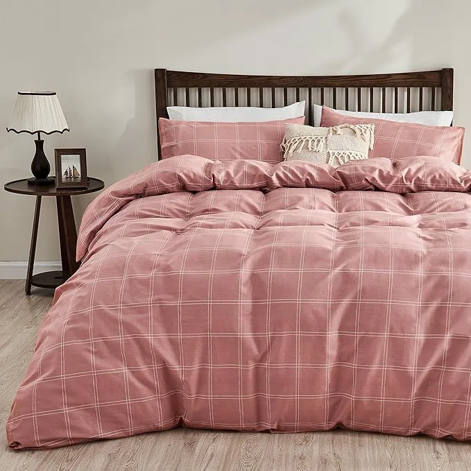 Specialty JELLYMONI Natural Cotton Twin Duvet Cover Set 2pcs Plaid Duvet Cover Sets with Zipper Closure Grid Geometric Pattern Comforter Cover Pink Fast