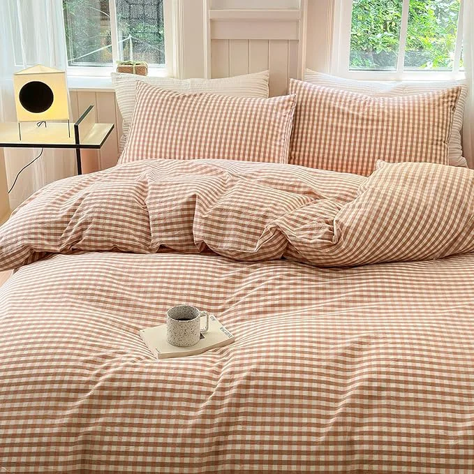Reliable LifeTB Pink Plaid Gingham Duvet Cover King 3 Pieces Checkered Grid Duvet Cover Washed Cotton Coral Pink Plaid Comforter Cover with Zipper Ties 2 Pillowcases Breathable Soft Gingham Bedding Set Recyclable