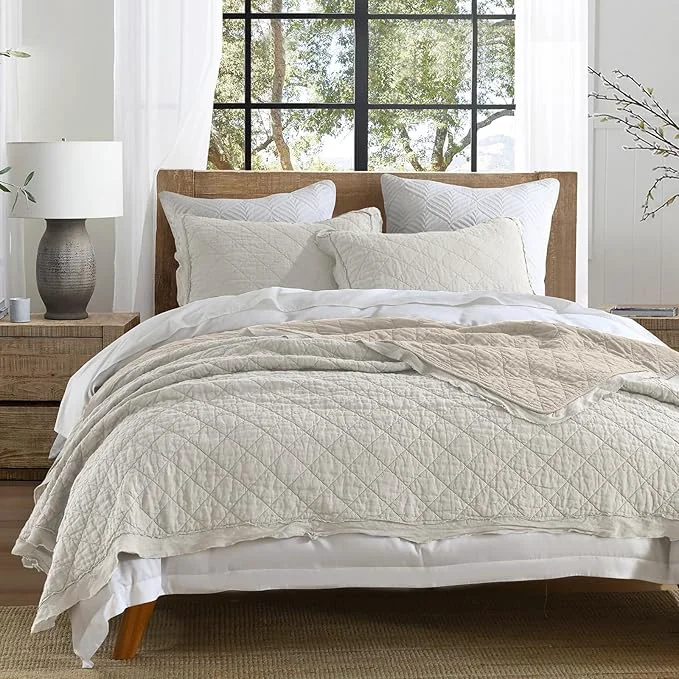 Original HORIMOTE HOME Linen Front Cotton Back Quilt Set Twin Size Beige Pre-Washed European Flax Linen Quilt Diamond Stitch Bedspread Coverlet Bedding Set 2-Piece for All Seasons Unique