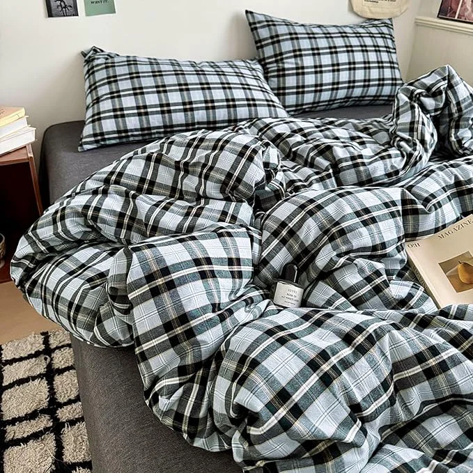 Organic LifeTB Grey White Buffalo Plaid Duvet Cover Set Queen Washed Cotton Vintage Plaid Grid Bedding Set 3 Piece Checkered Comforter Cover Soft Breathable Gingham Duvet Cover with Zipper Ties Classic