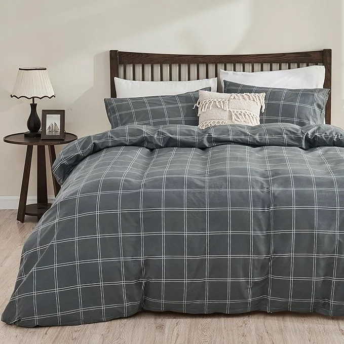 Green JELLYMONI Natural Cotton Queen Duvet Cover Set 3pcs Plaid Duvet Cover Sets with Zipper Closure Grid Geometric Pattern Comforter Cover Dark Grey Superior