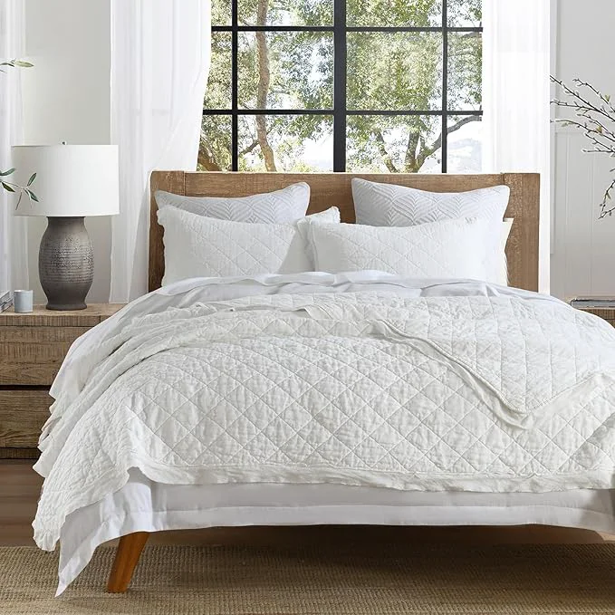 Durable HORIMOTE HOME Linen Front Cotton Back Quilt Set Queen Size White Pre-Washed European Flax Linen Quilt Diamond Stitch Bedspread Coverlet Bedding Set 3-Piece for All Seasons Official