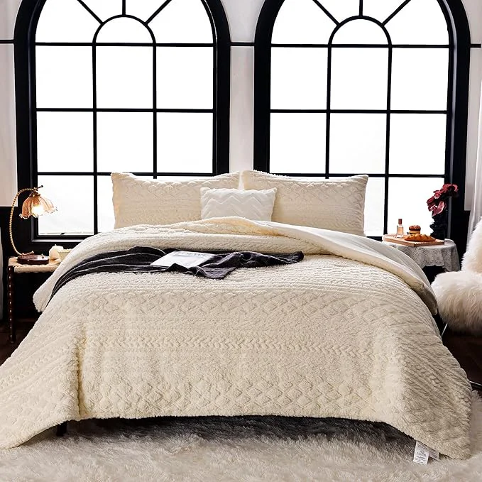 Powerful COTTEBED Sherpa Fluffy Comforter Sets KING Size Bed Boho Tufted Cal KING Bedding Down Comforter Lightweight Super Soft Reversible Washed Cotton Shabby Plush Fleece Sherpa All Season Off White Ivory Secure