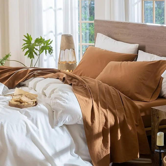 Next-Generation MooMee Bedding Sheet Set Washed Cotton Linen Like Textured Breathable Durable Soft Comfy Solid Dark Orange California King Smart