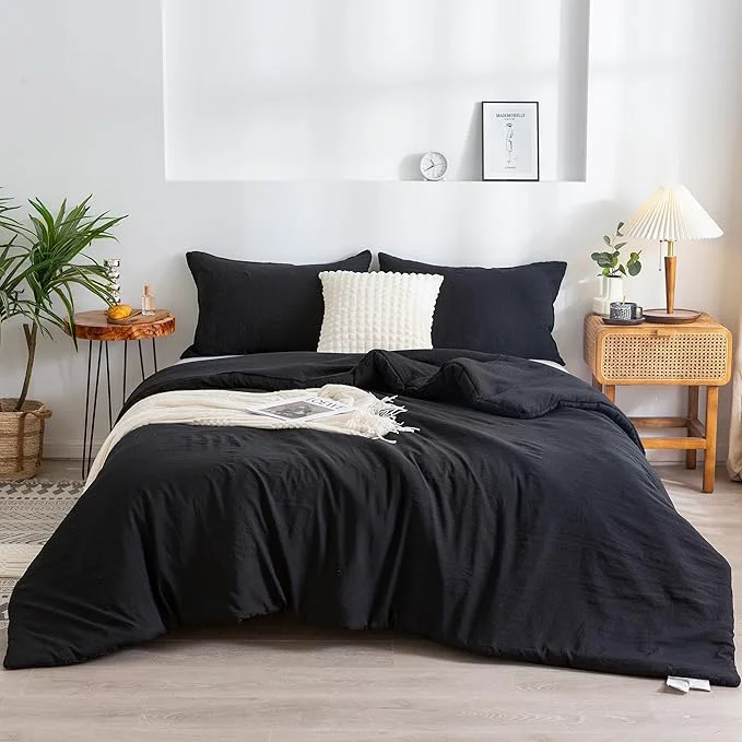 Fine Crafted COTTEBED Ultra-Soft Black Comforter King Cozy Softness Solid Chic Washed PolyCotton Microfiber California King Size Bedding Down Comforter Blanket Set and Pillowcase Lightweight But Warm All Season Certified