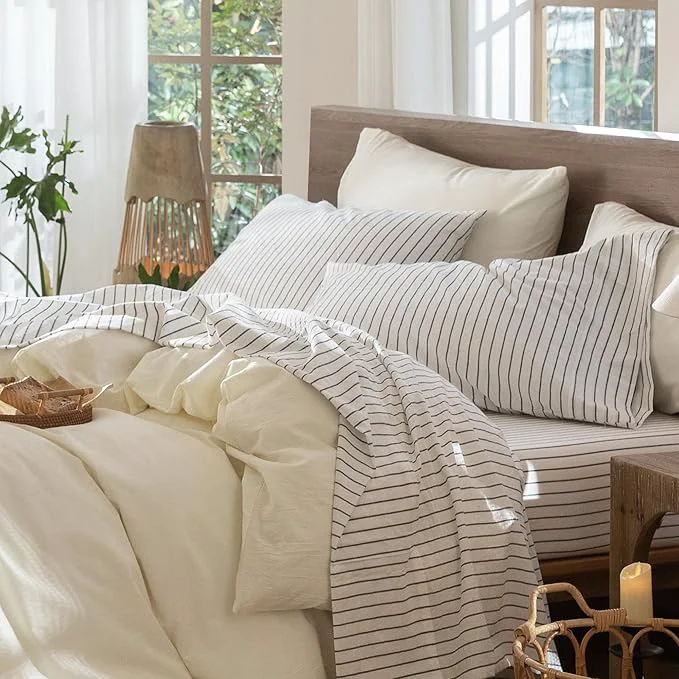 Innovative MooMee Striped Sheet Set Washed Cotton Linen Like Textured Breathable Durable Soft Comfy White Dark Grey Wide Stripes Queen Clean