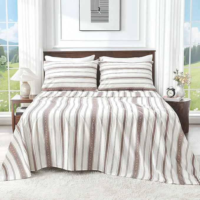 Enhanced Linen Sheets Queen Size Breathable amp Durable 4-Piece Bed Flax Stripes Sheet Set Soft All-Season Bedding for Hot Sleepers 16 quot Deep Pocket Oeko-TEX （Queen Brown Stripes）