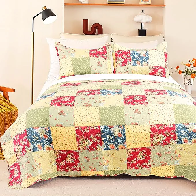 Eco-Friendly Cmfshape Summer Floral Queen Quilted Bedspread Romantic Pink Quilt Set Reversible Stitched Bedding Cover All Season Soft Lightweight Coverlet with Pillow Cases Yellow amp Green Queen 90 quot x90 quot