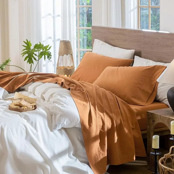 MooMee Bedding Sheet Set Washed Cotton Linen Like Textured Breathable Durable Soft Comfy Solid Burnt Orange Queen Organic