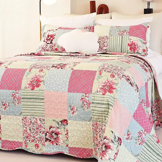 High-Performance Cmfshape Summer Floral King Quilted Bedspread Romantic Pink Quilt Set King Reversible Stitched Bedding Set All Season Soft Lightweight Coverlet with Pillow Cases Pink amp Grey King102 x90 Functional